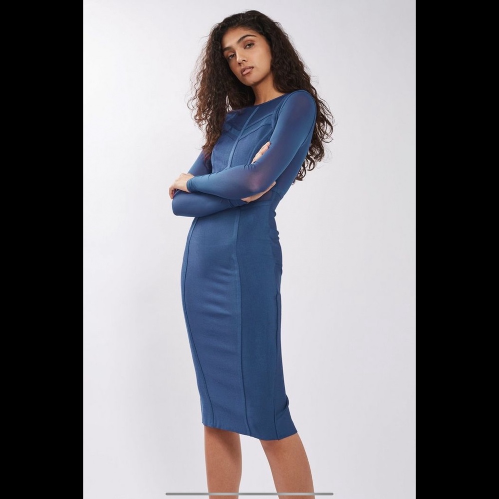 Topshop navy mesh midi long sleeve panel dress